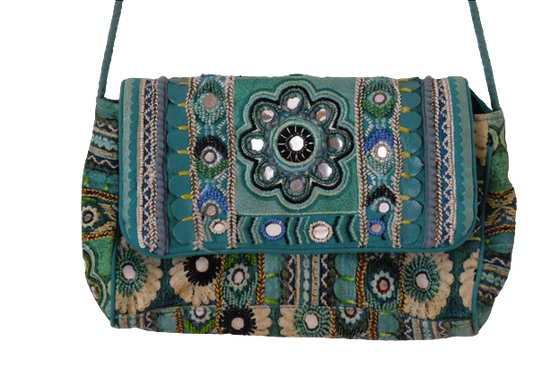 embroidered pearl cotton sequin and leather shoulder bag