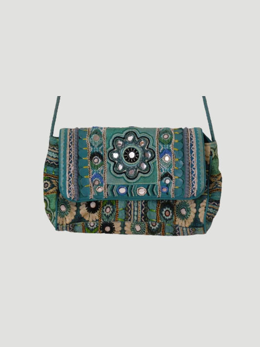 embroidered pearl cotton sequin and leather shoulder bag